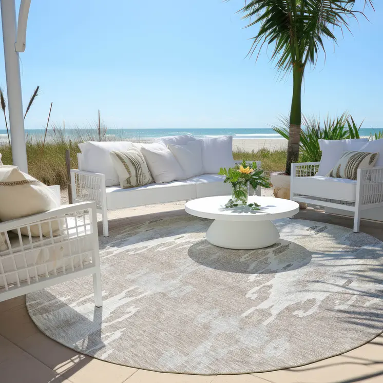 8' Ivory Beige And Taupe Round Ikat Washable Indoor Outdoor Area Rug