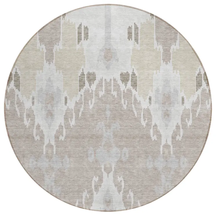 8' Ivory Beige And Taupe Round Ikat Washable Indoor Outdoor Area Rug