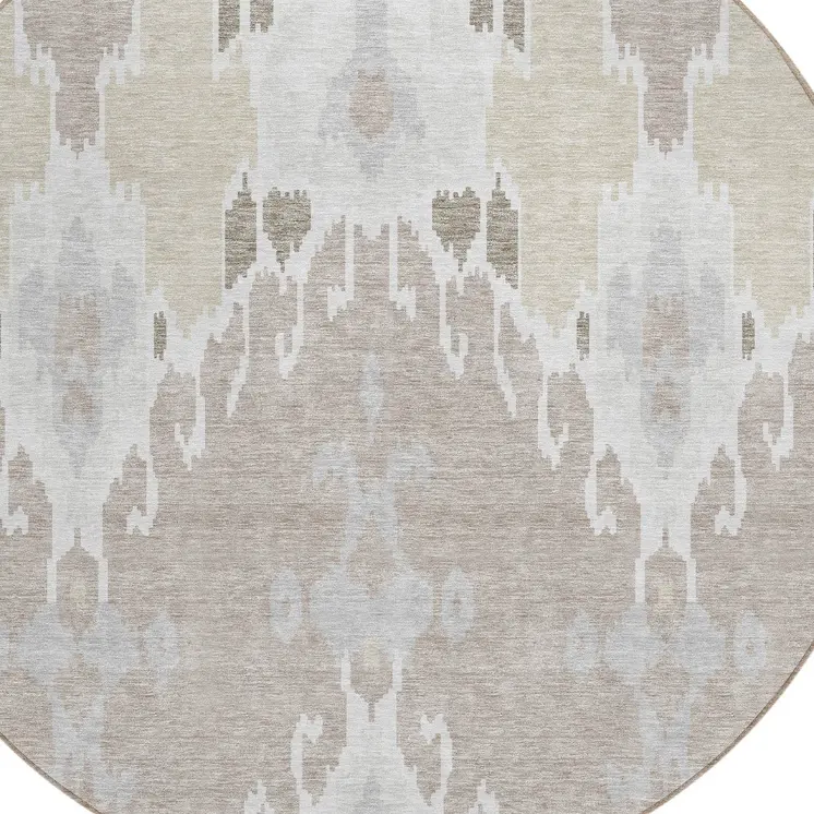 8' Ivory Beige And Taupe Round Ikat Washable Indoor Outdoor Area Rug