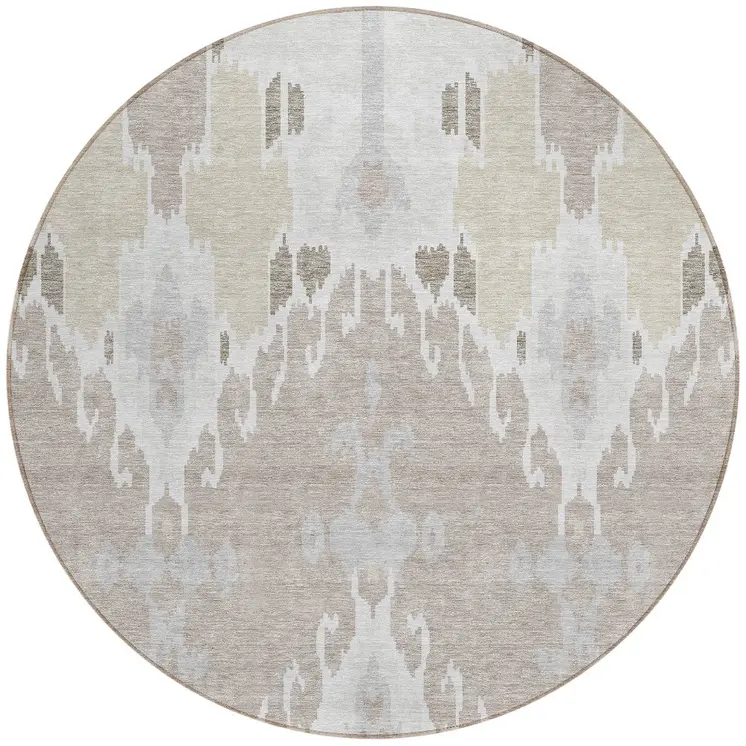 8' Ivory Beige And Taupe Round Ikat Washable Indoor Outdoor Area Rug