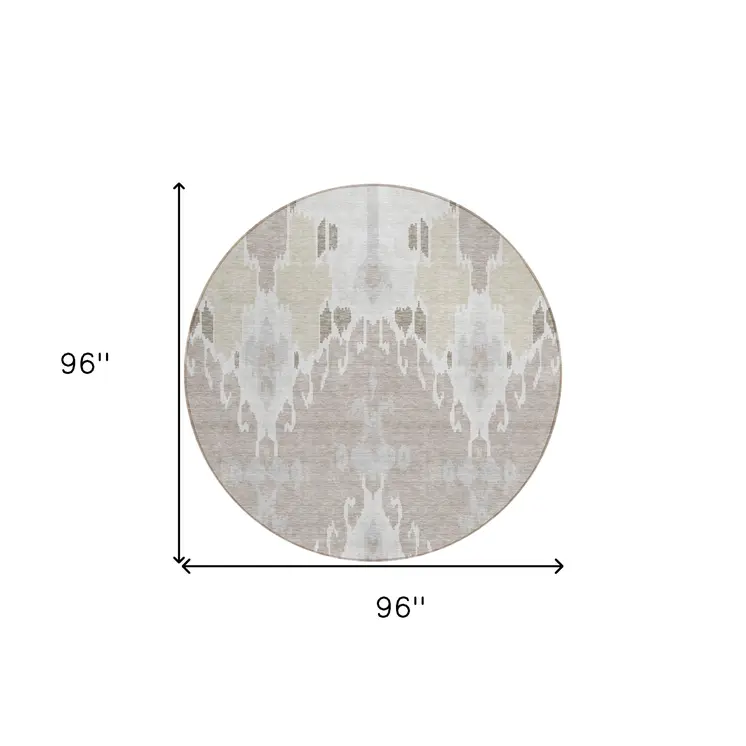 8' Ivory Beige And Taupe Round Ikat Washable Indoor Outdoor Area Rug