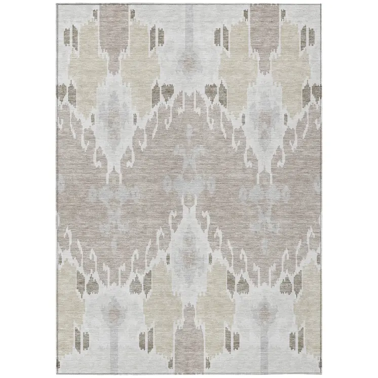8' X 10' Ivory Beige And Taupe Ikat Washable Indoor Outdoor Area Rug