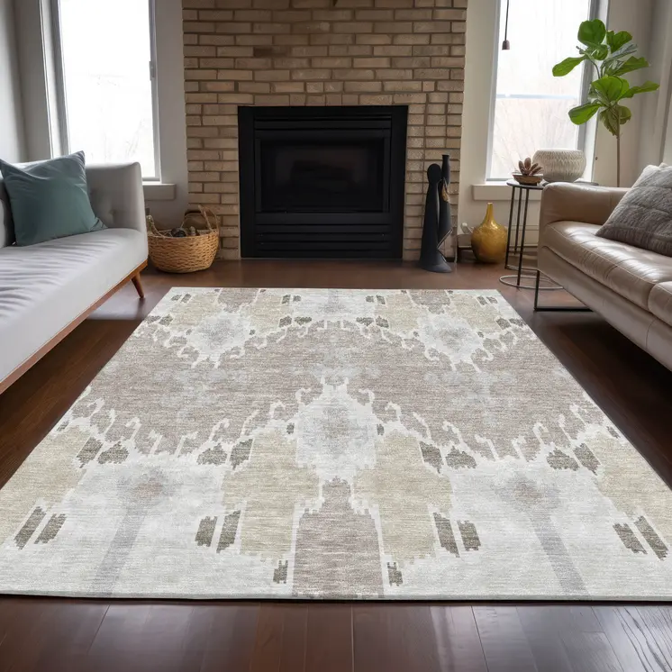 8' X 10' Ivory Beige And Taupe Ikat Washable Indoor Outdoor Area Rug