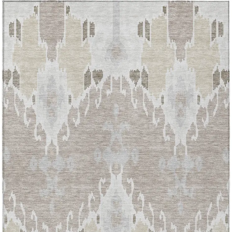 9' X 12' Ivory Beige And Taupe Ikat Washable Indoor Outdoor Area Rug
