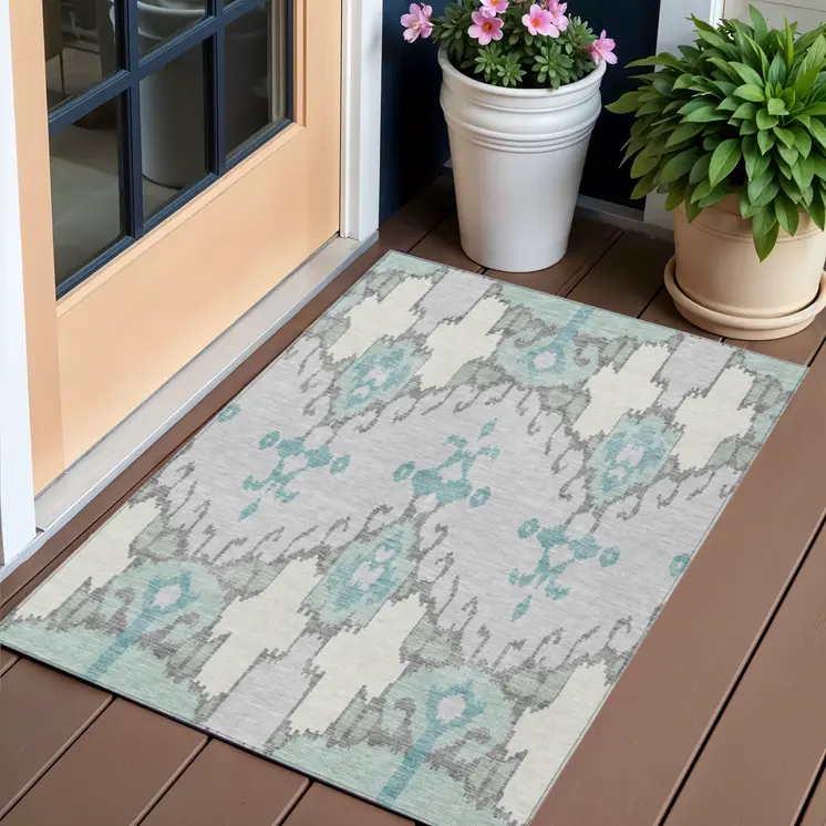 3' X 5' Mint Green Teal Blue And Ivory Ikat Washable Indoor Outdoor Area Rug