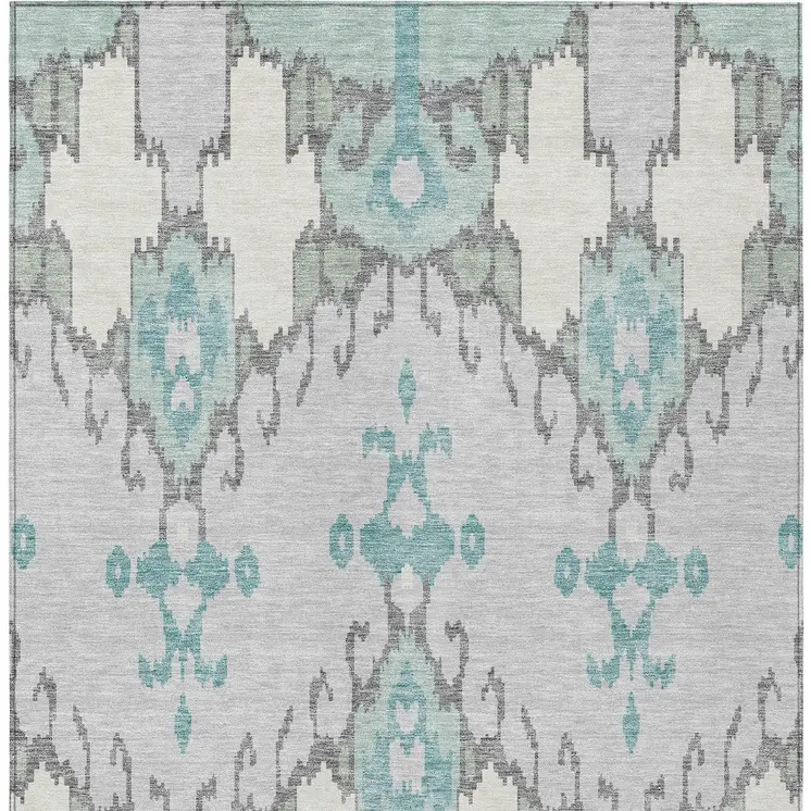 3' X 5' Mint Green Teal Blue And Ivory Ikat Washable Indoor Outdoor Area Rug