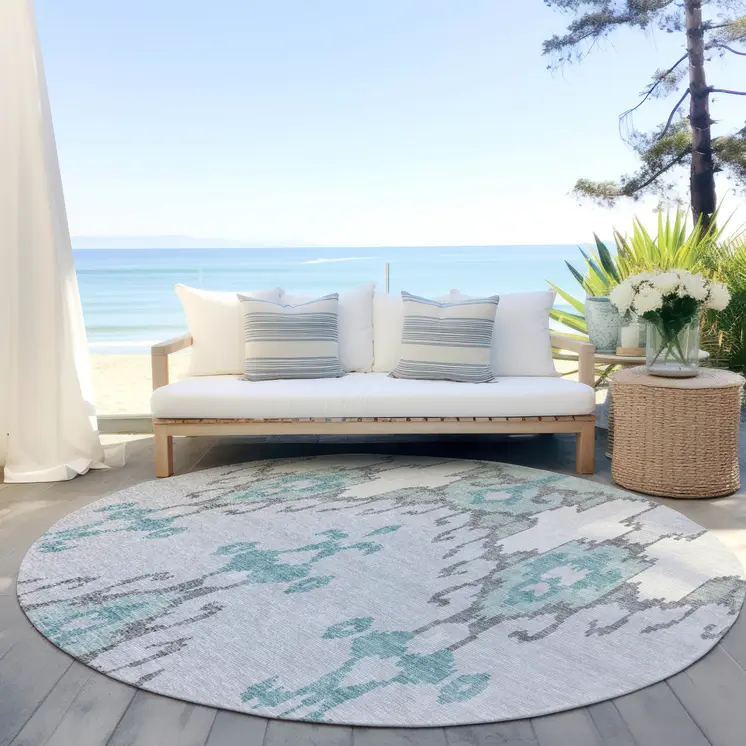 8' Mint Green Teal Blue And Ivory Round Ikat Washable Indoor Outdoor Area Rug