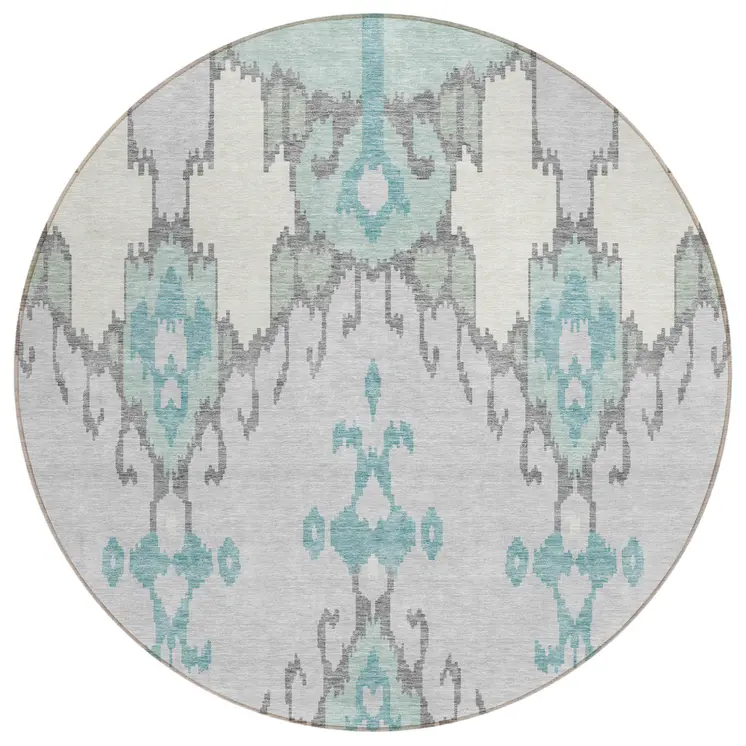 8' Mint Green Teal Blue And Ivory Round Ikat Washable Indoor Outdoor Area Rug