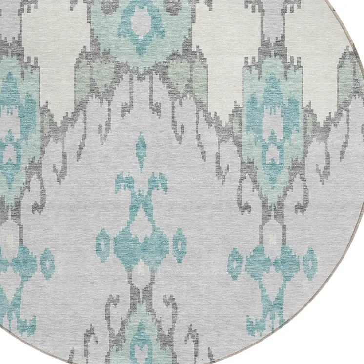8' Mint Green Teal Blue And Ivory Round Ikat Washable Indoor Outdoor Area Rug