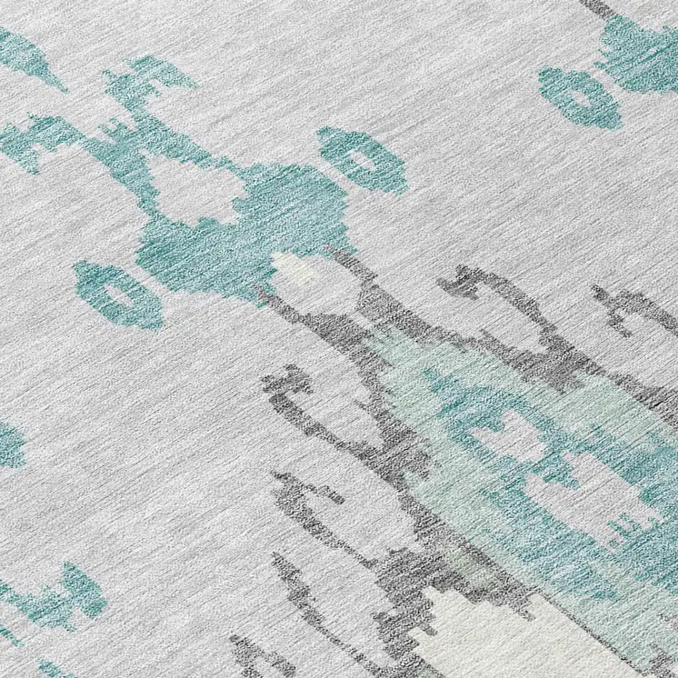 8' Mint Green Teal Blue And Ivory Round Ikat Washable Indoor Outdoor Area Rug