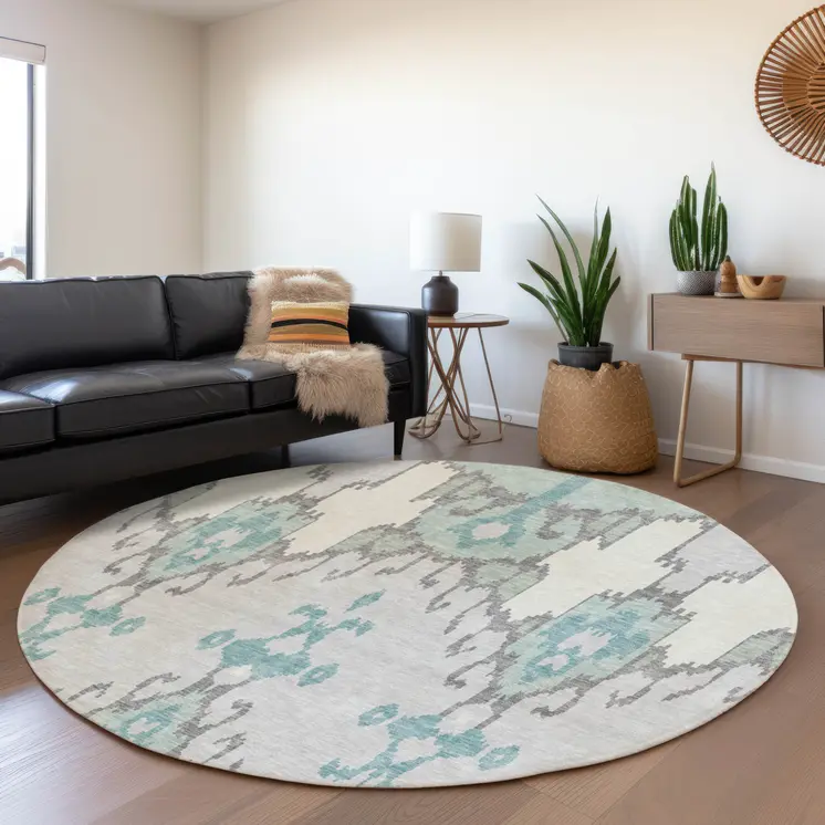 8' Mint Green Teal Blue And Ivory Round Ikat Washable Indoor Outdoor Area Rug