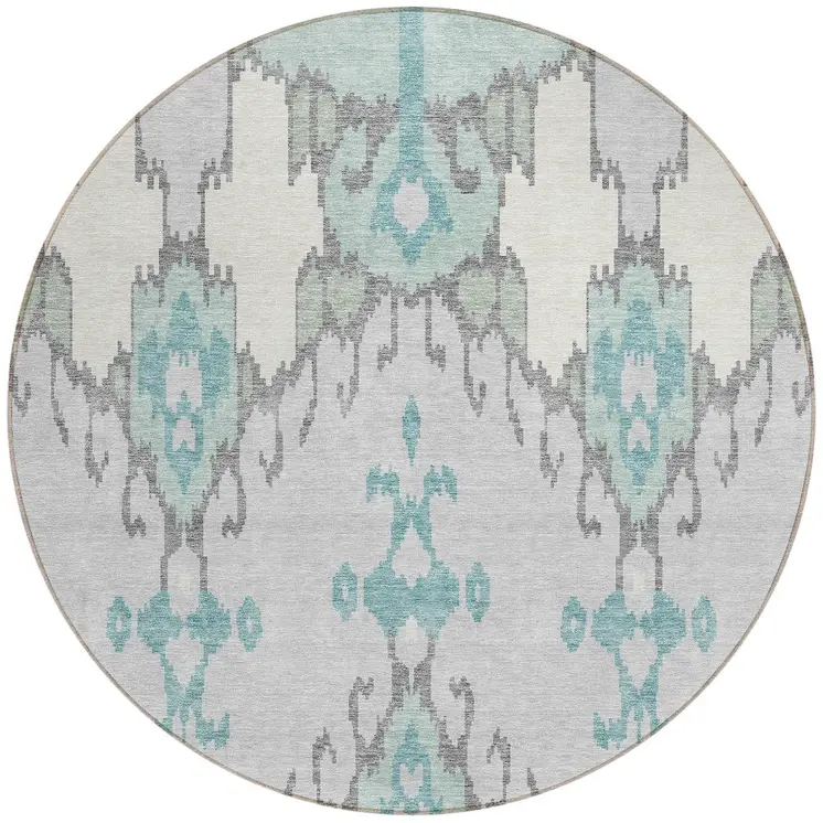 8' Mint Green Teal Blue And Ivory Round Ikat Washable Indoor Outdoor Area Rug