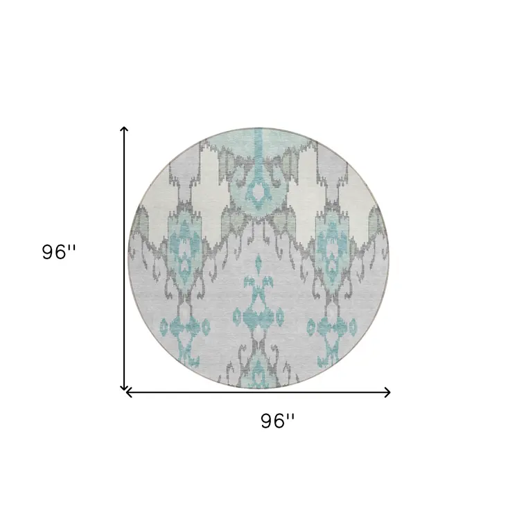 8' Mint Green Teal Blue And Ivory Round Ikat Washable Indoor Outdoor Area Rug
