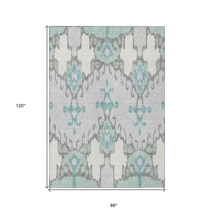 8' X 10' Mint Green Teal Blue And Ivory Ikat Washable Indoor Outdoor Area Rug