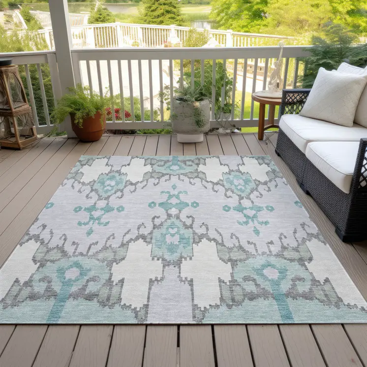 8' X 10' Mint Green Teal Blue And Ivory Ikat Washable Indoor Outdoor Area Rug