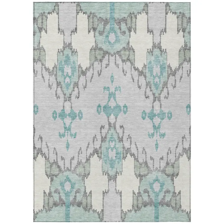 8' X 10' Mint Green Teal Blue And Ivory Ikat Washable Indoor Outdoor Area Rug