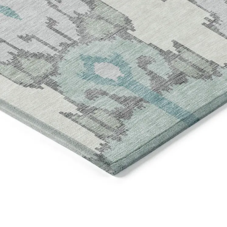 8' X 10' Mint Green Teal Blue And Ivory Ikat Washable Indoor Outdoor Area Rug