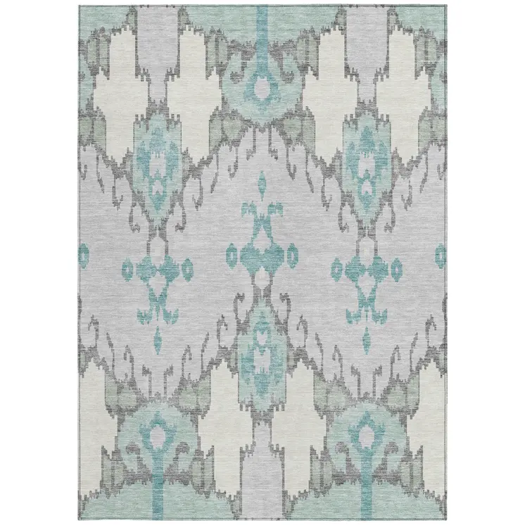 8' X 10' Mint Green Teal Blue And Ivory Ikat Washable Indoor Outdoor Area Rug