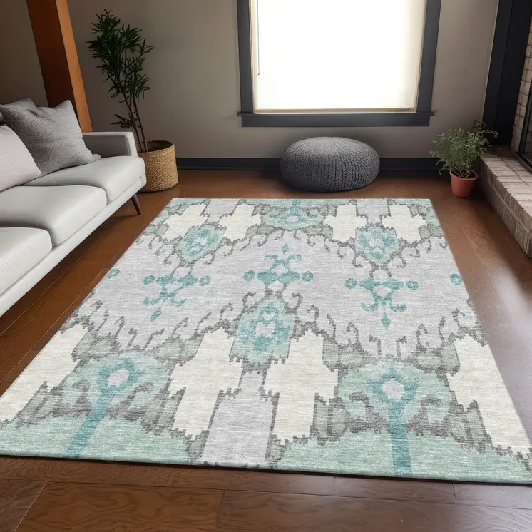 8' X 10' Mint Green Teal Blue And Ivory Ikat Washable Indoor Outdoor Area Rug