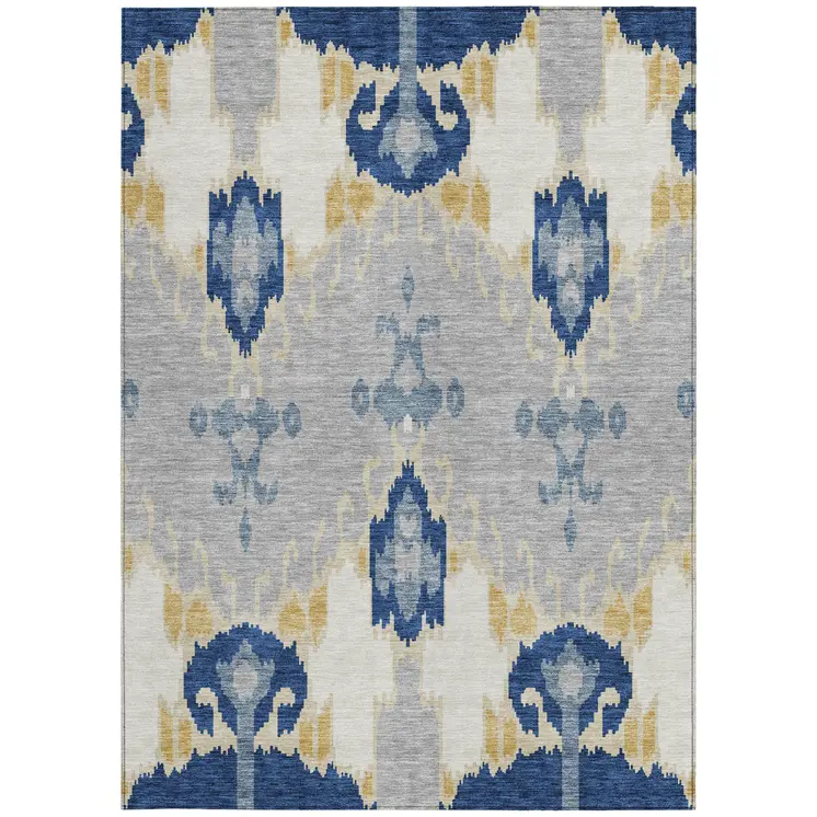 5' X 8' Navy Blue Ivory And Gray Ikat Washable Indoor Outdoor Area Rug