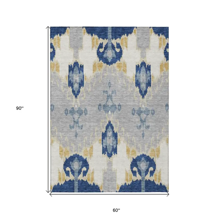 5' X 8' Navy Blue Ivory And Gray Ikat Washable Indoor Outdoor Area Rug