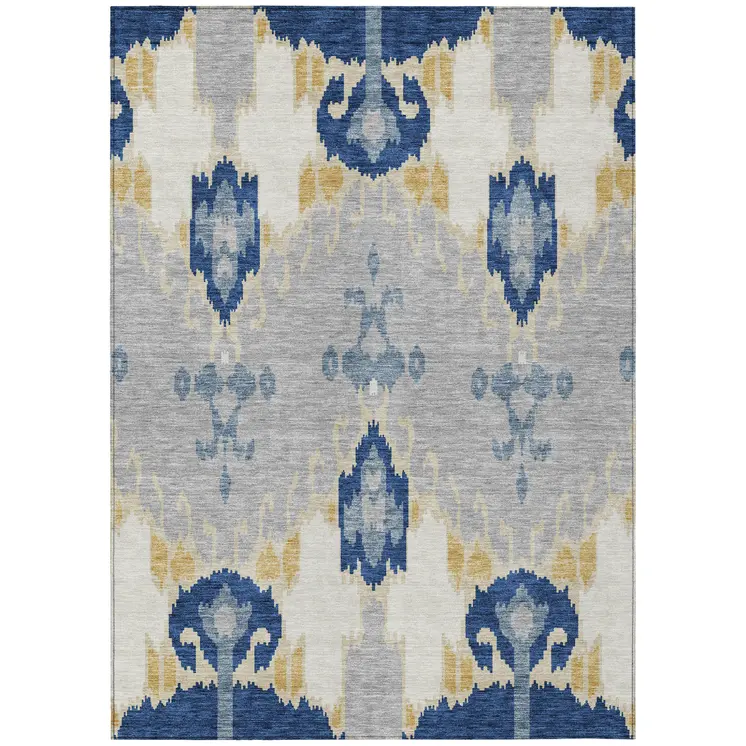 5' X 8' Navy Blue Ivory And Gray Ikat Washable Indoor Outdoor Area Rug