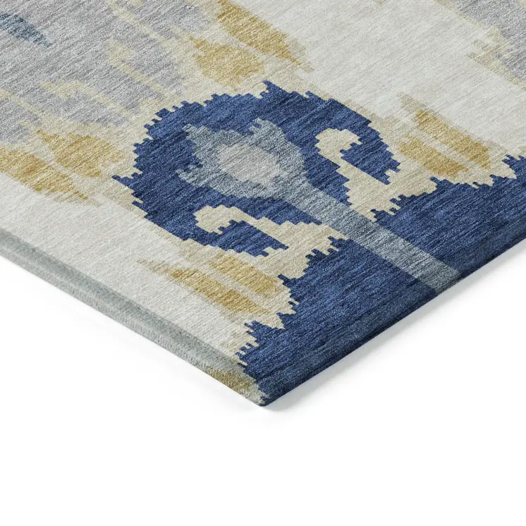 5' X 8' Navy Blue Ivory And Gray Ikat Washable Indoor Outdoor Area Rug