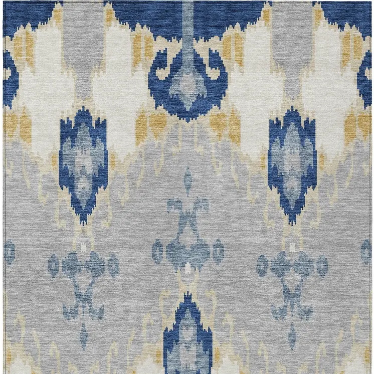 5' X 8' Navy Blue Ivory And Gray Ikat Washable Indoor Outdoor Area Rug