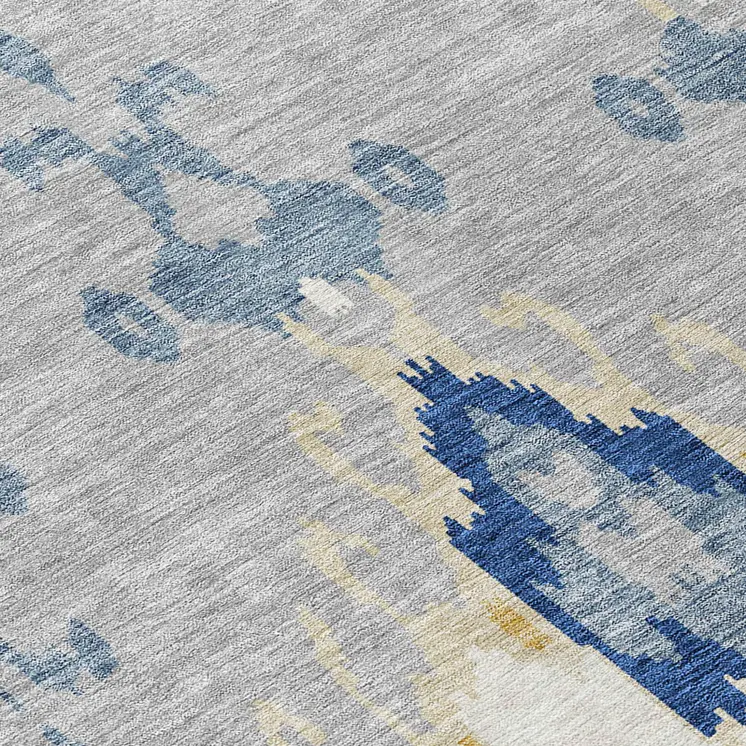 5' X 8' Navy Blue Ivory And Gray Ikat Washable Indoor Outdoor Area Rug