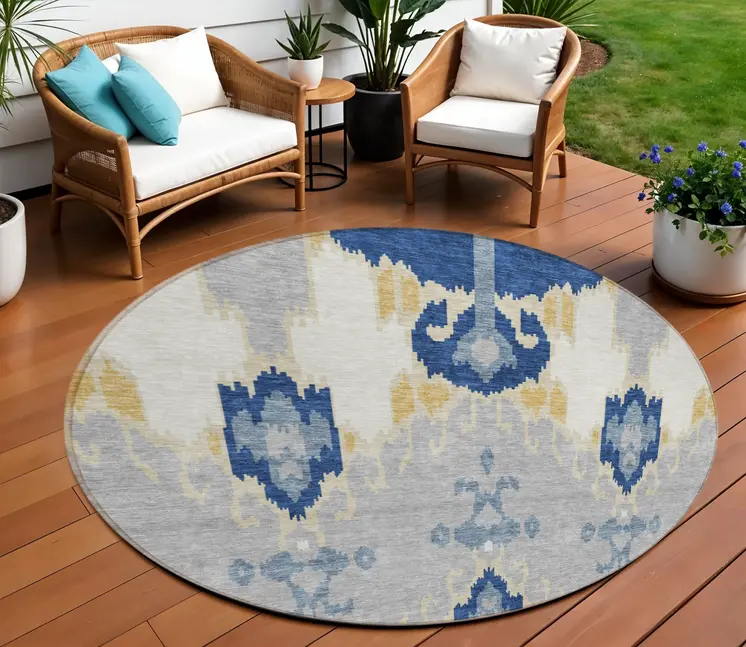 8' Navy Blue Ivory And Gray Round Ikat Washable Indoor Outdoor Area Rug