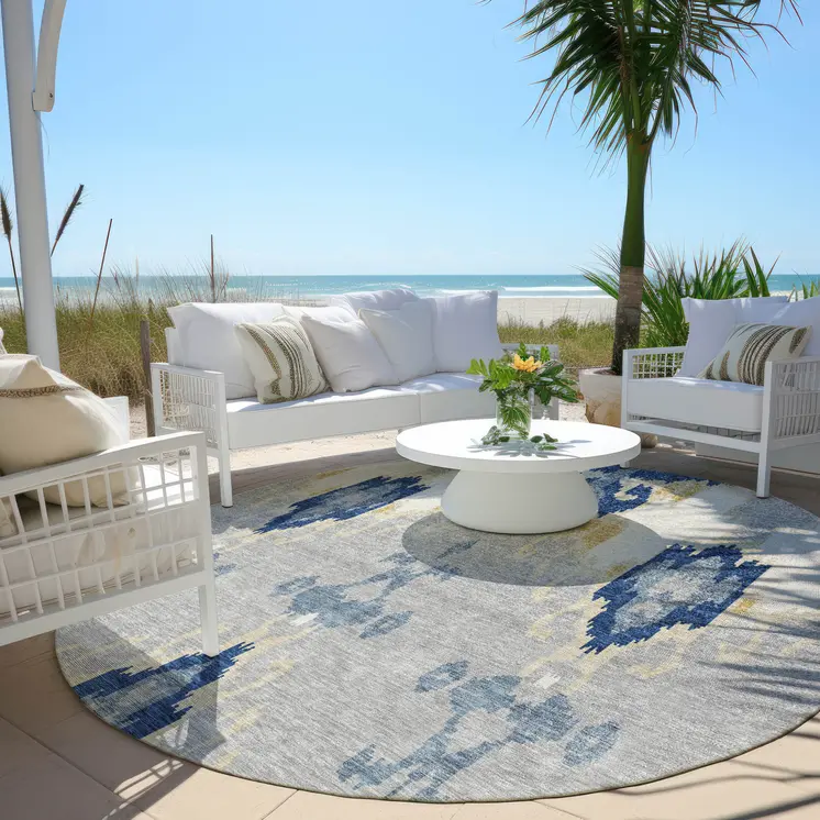 8' Navy Blue Ivory And Gray Round Ikat Washable Indoor Outdoor Area Rug