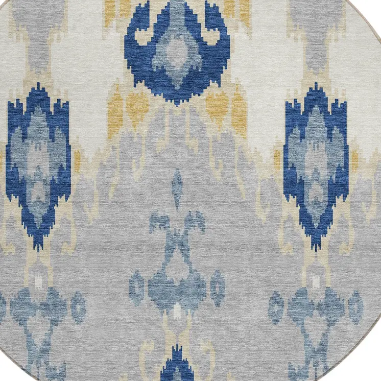 8' Navy Blue Ivory And Gray Round Ikat Washable Indoor Outdoor Area Rug