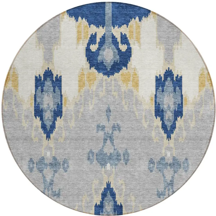 8' Navy Blue Ivory And Gray Round Ikat Washable Indoor Outdoor Area Rug