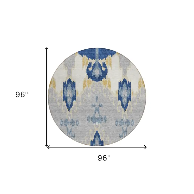8' Navy Blue Ivory And Gray Round Ikat Washable Indoor Outdoor Area Rug