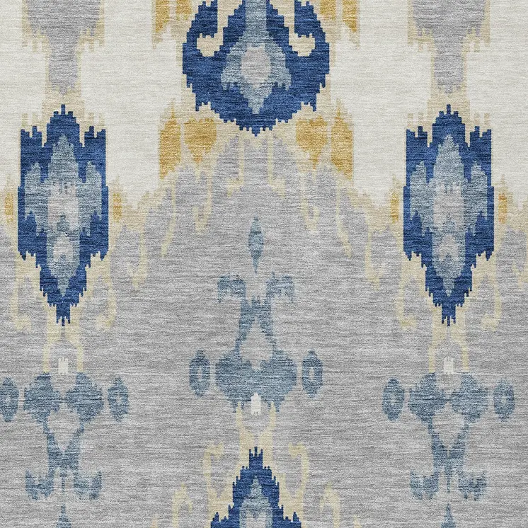 9' X 12' Navy Blue Ivory And Gray Ikat Washable Indoor Outdoor Area Rug