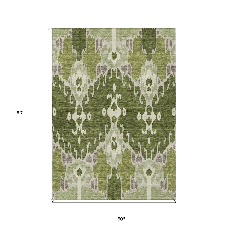 5' X 8' Olive Green And Artichoke Green Ikat Washable Indoor Outdoor Area Rug