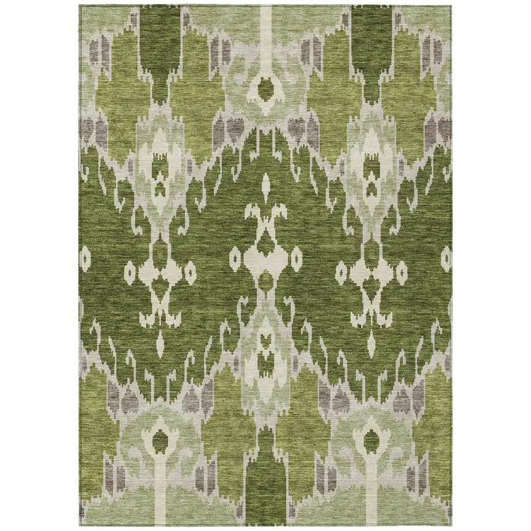 5' X 8' Olive Green And Artichoke Green Ikat Washable Indoor Outdoor Area Rug