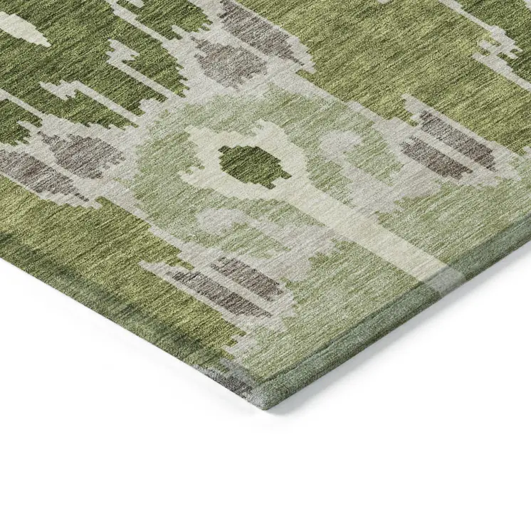 5' X 8' Olive Green And Artichoke Green Ikat Washable Indoor Outdoor Area Rug