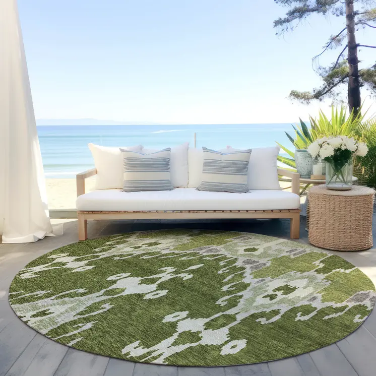8' Olive Green And Artichoke Green Round Ikat Washable Indoor Outdoor Area Rug