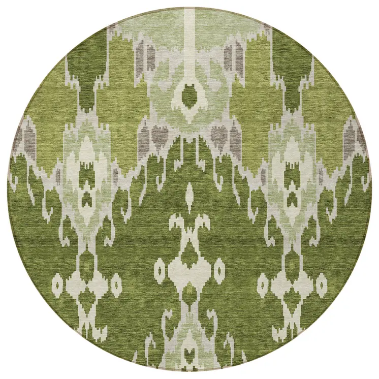 8' Olive Green And Artichoke Green Round Ikat Washable Indoor Outdoor Area Rug