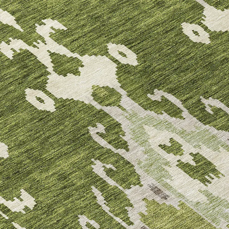 8' Olive Green And Artichoke Green Round Ikat Washable Indoor Outdoor Area Rug