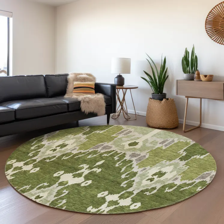8' Olive Green And Artichoke Green Round Ikat Washable Indoor Outdoor Area Rug