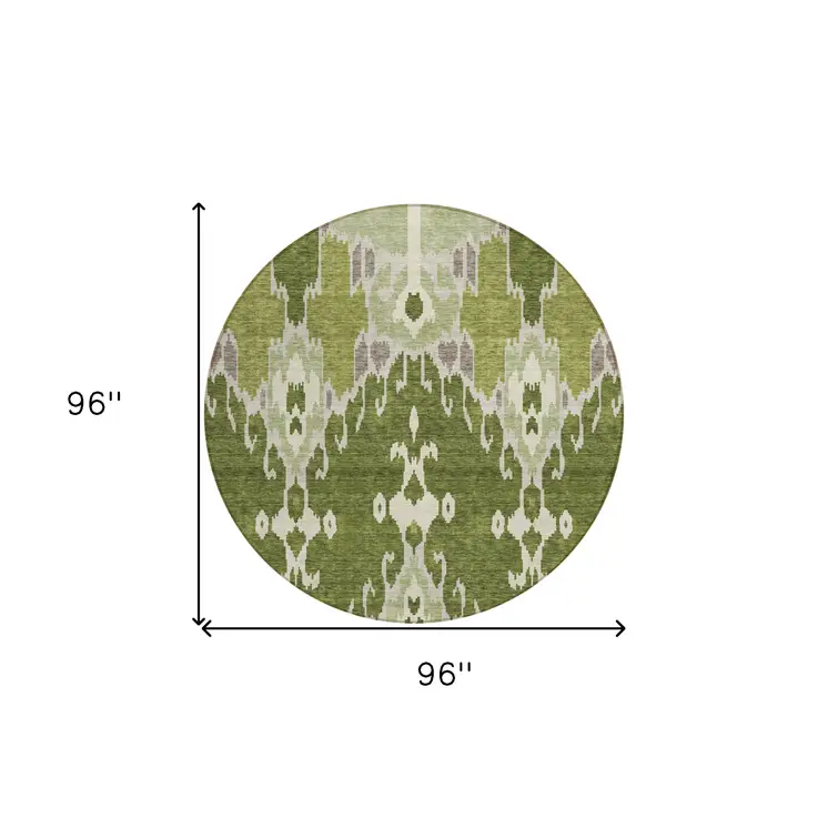 8' Olive Green And Artichoke Green Round Ikat Washable Indoor Outdoor Area Rug