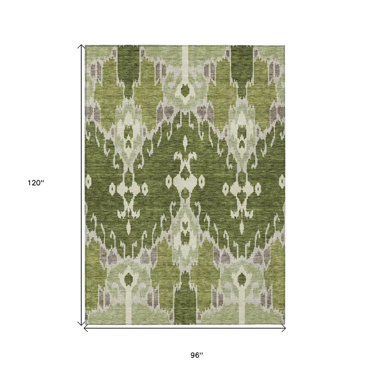 8' X 10' Olive Green And Artichoke Green Ikat Washable Indoor Outdoor Area Rug