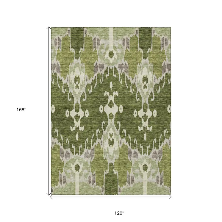 10' X 14' Olive Green And Artichoke Green Ikat Washable Indoor Outdoor Area Rug