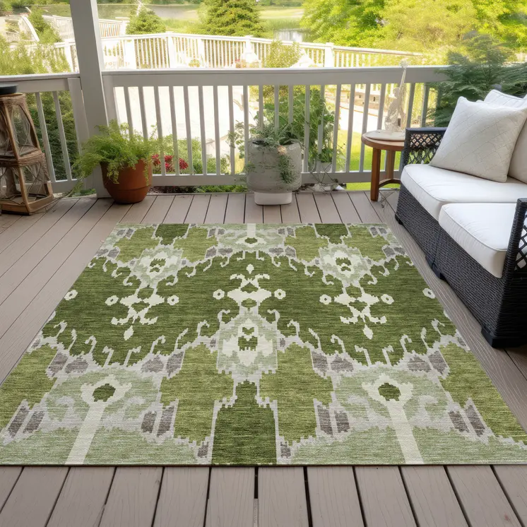 10' X 14' Olive Green And Artichoke Green Ikat Washable Indoor Outdoor Area Rug