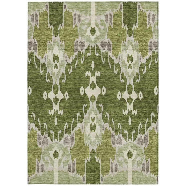 10' X 14' Olive Green And Artichoke Green Ikat Washable Indoor Outdoor Area Rug
