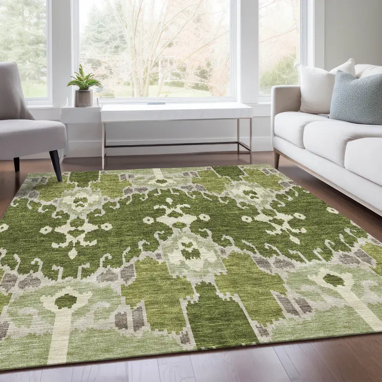 10' X 14' Olive Green And Artichoke Green Ikat Washable Indoor Outdoor Area Rug