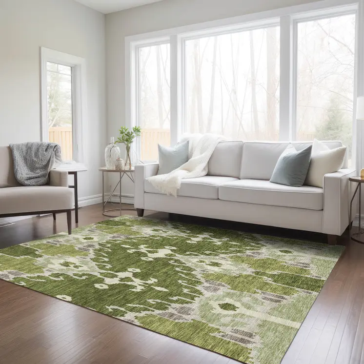 10' X 14' Olive Green And Artichoke Green Ikat Washable Indoor Outdoor Area Rug