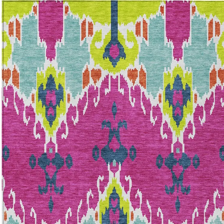 5' X 8' Pink Lime Green And Orange Ikat Washable Indoor Outdoor Area Rug